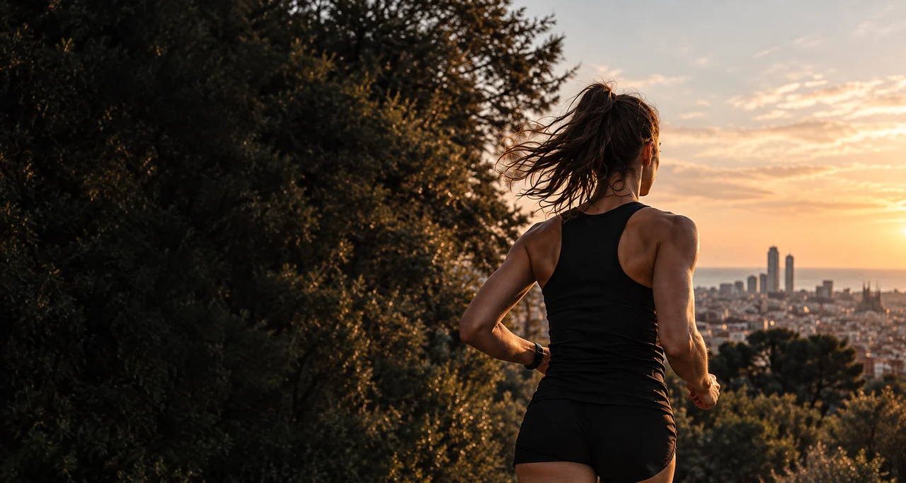 Una corredora recorre un sendero sobre Barcelona al atardecer