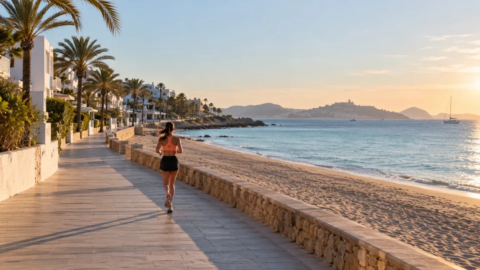 Recreación editorial fotorrealista de KROONA para 10K Ibiza–Platja d'en Bossa, inspirada en Sant Josep de sa Talaia / Ibiza
