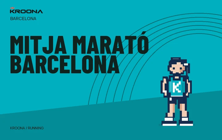 Diseño original de KROONA para Mitja Marató Barcelona, con los colores de la prueba y composición editorial propia