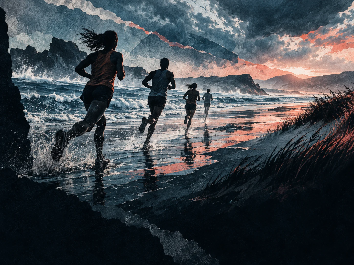 Ilustración editorial de corredores frente al viento atlántico en tonos azul, plata y coral