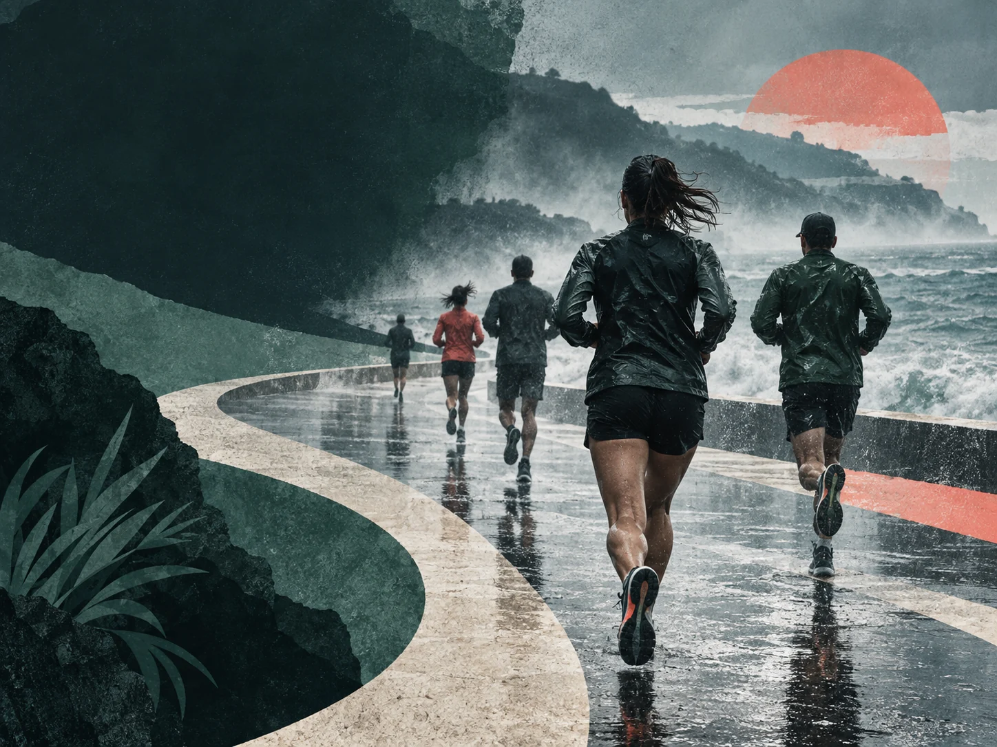 Ilustración editorial de corredores bajo lluvia suave entre niebla marina, verde y coral