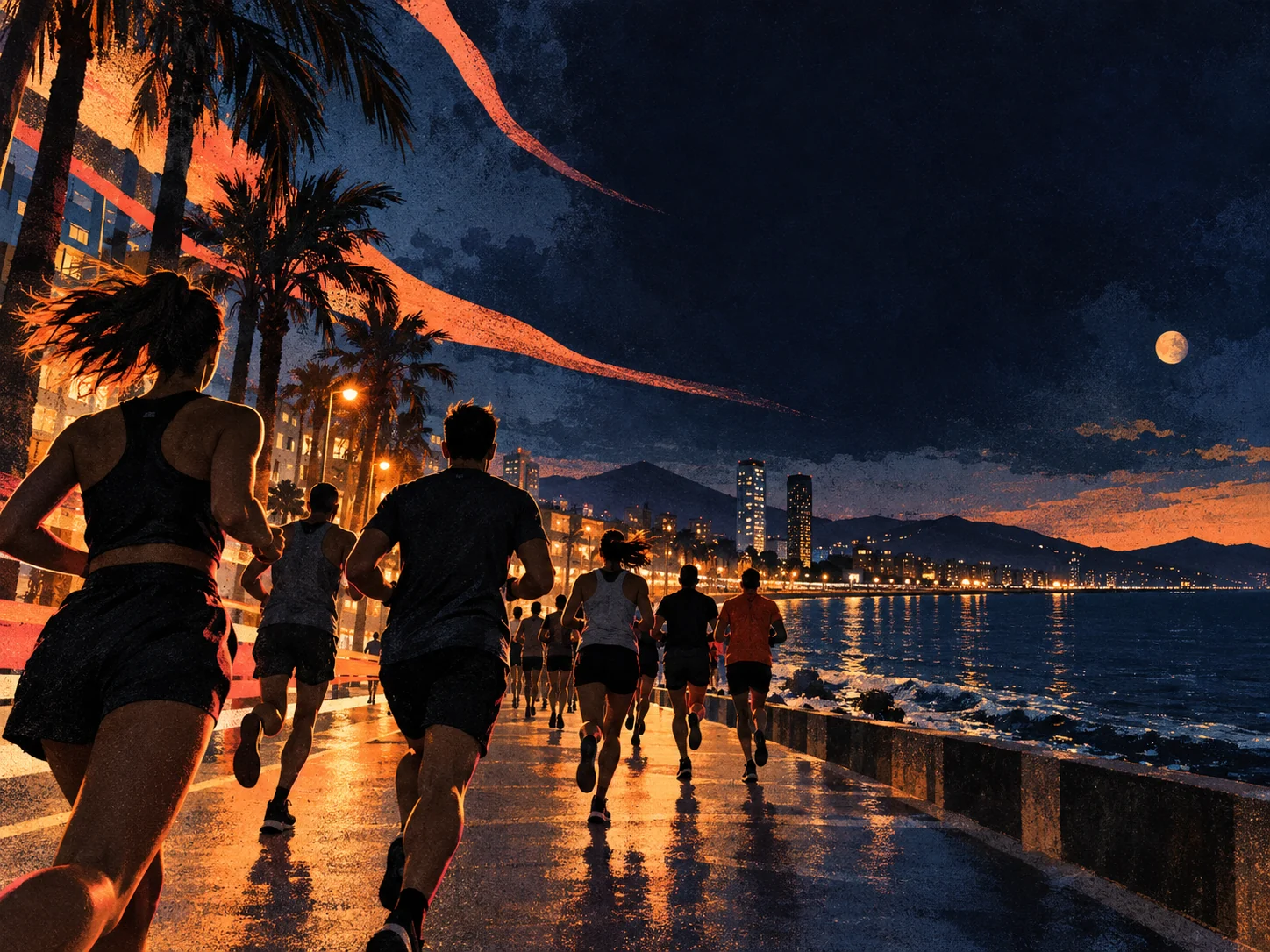 Ilustración editorial nocturna de corredores junto al Mediterráneo con luz coral de fin de año