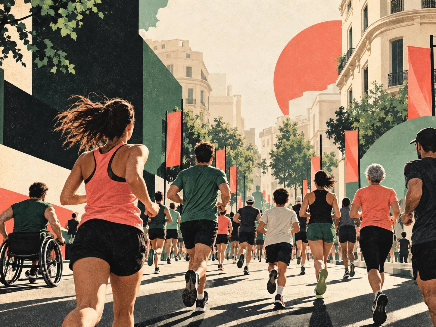 Ilustración editorial de una carrera popular inclusiva entre formas geométricas coral, crema y verde