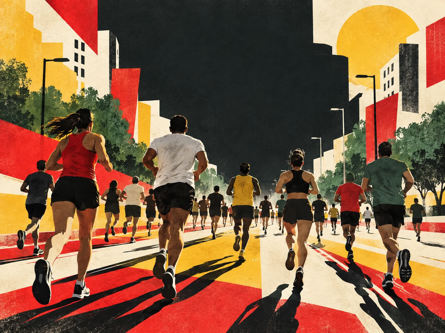 Ilustración editorial de una gran carrera ciudadana en rojo, amarillo, verde y tinta