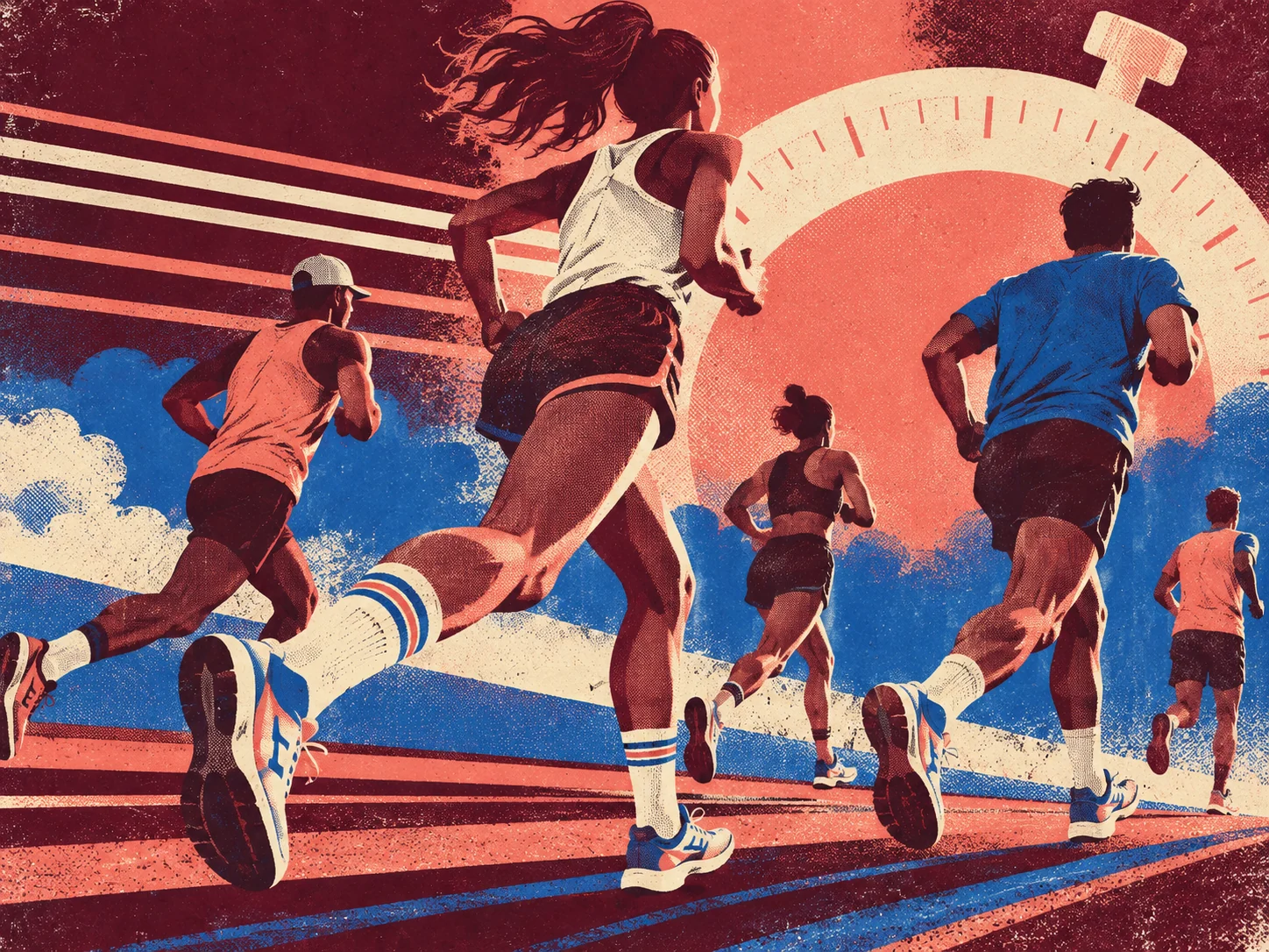 Ilustración editorial retro de corredores con trama impresa, cronómetro y colores de los años ochenta