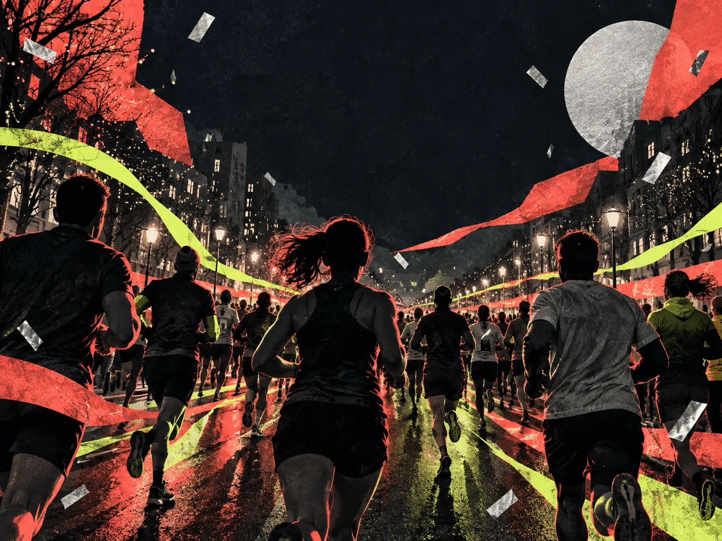 Ilustración editorial nocturna de una ola de corredores entre luz coral, lima y plata